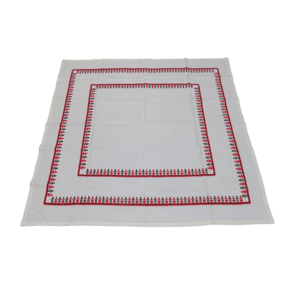 Vintage‎ Embroidered Tablecloth Red Black People Chain Folk Art Square